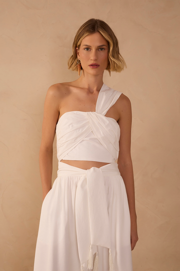 Off White One-Shoulder Ruched Cotton Blouse
