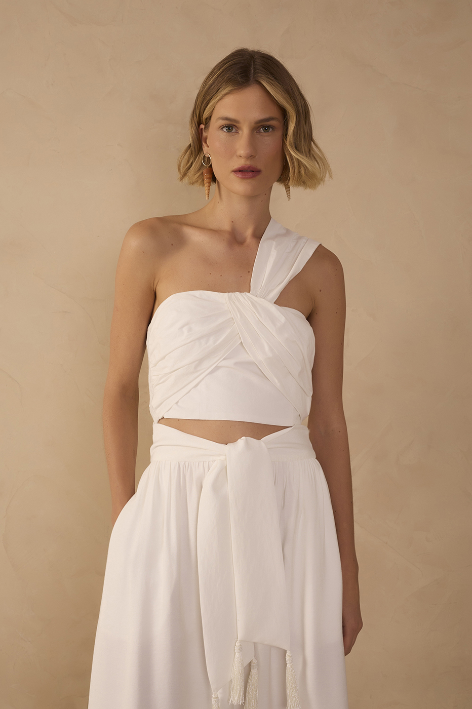 Off White One-Shoulder Ruched Cotton Blouse
