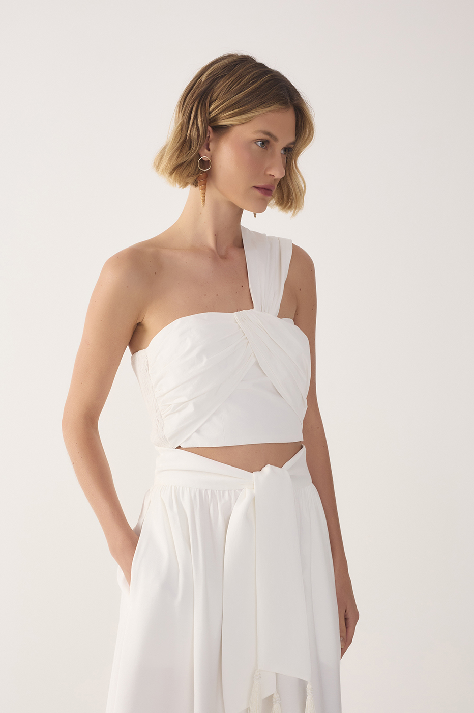 Off White One-Shoulder Ruched Cotton Blouse