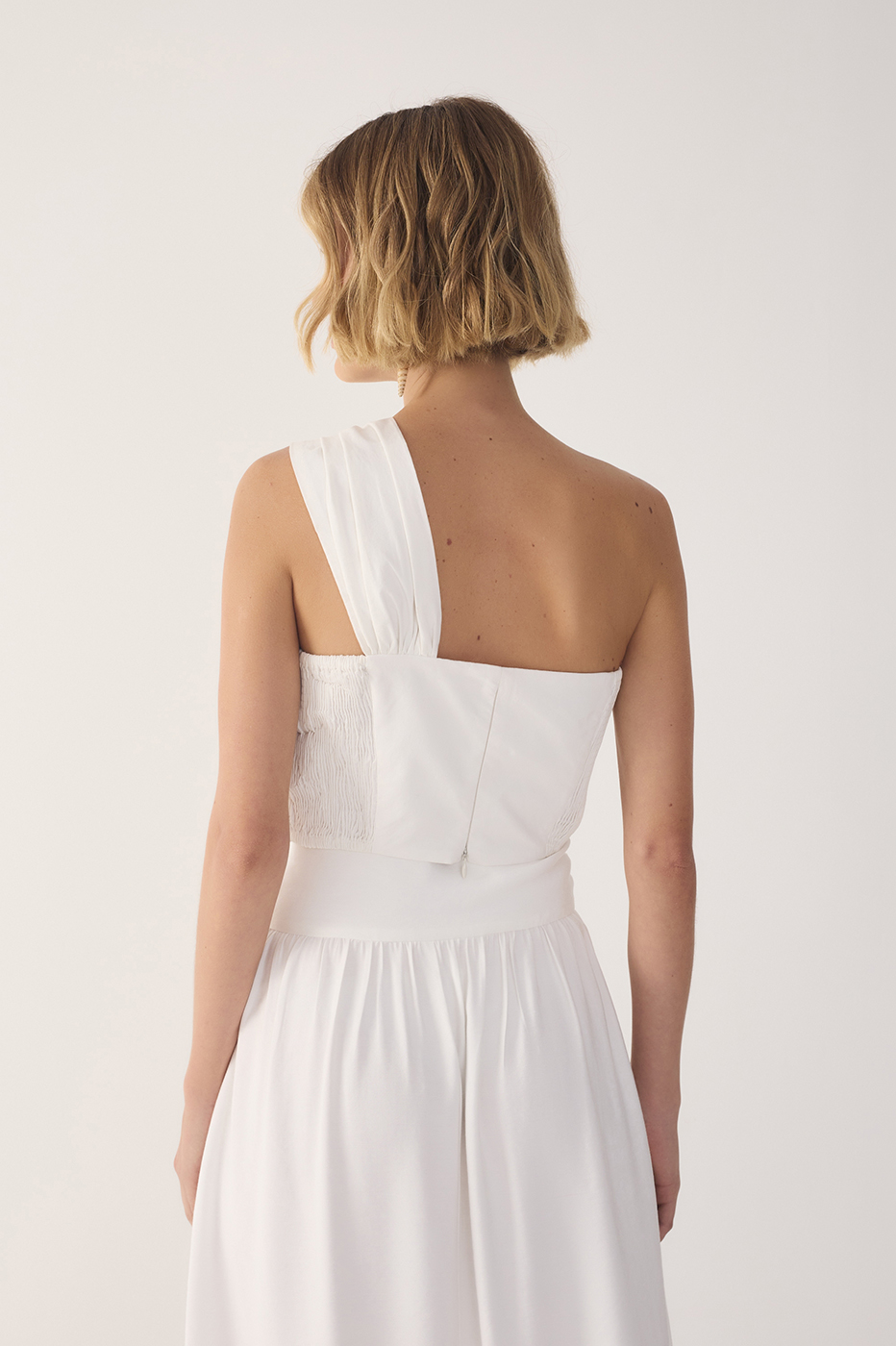 Off White One-Shoulder Ruched Cotton Blouse