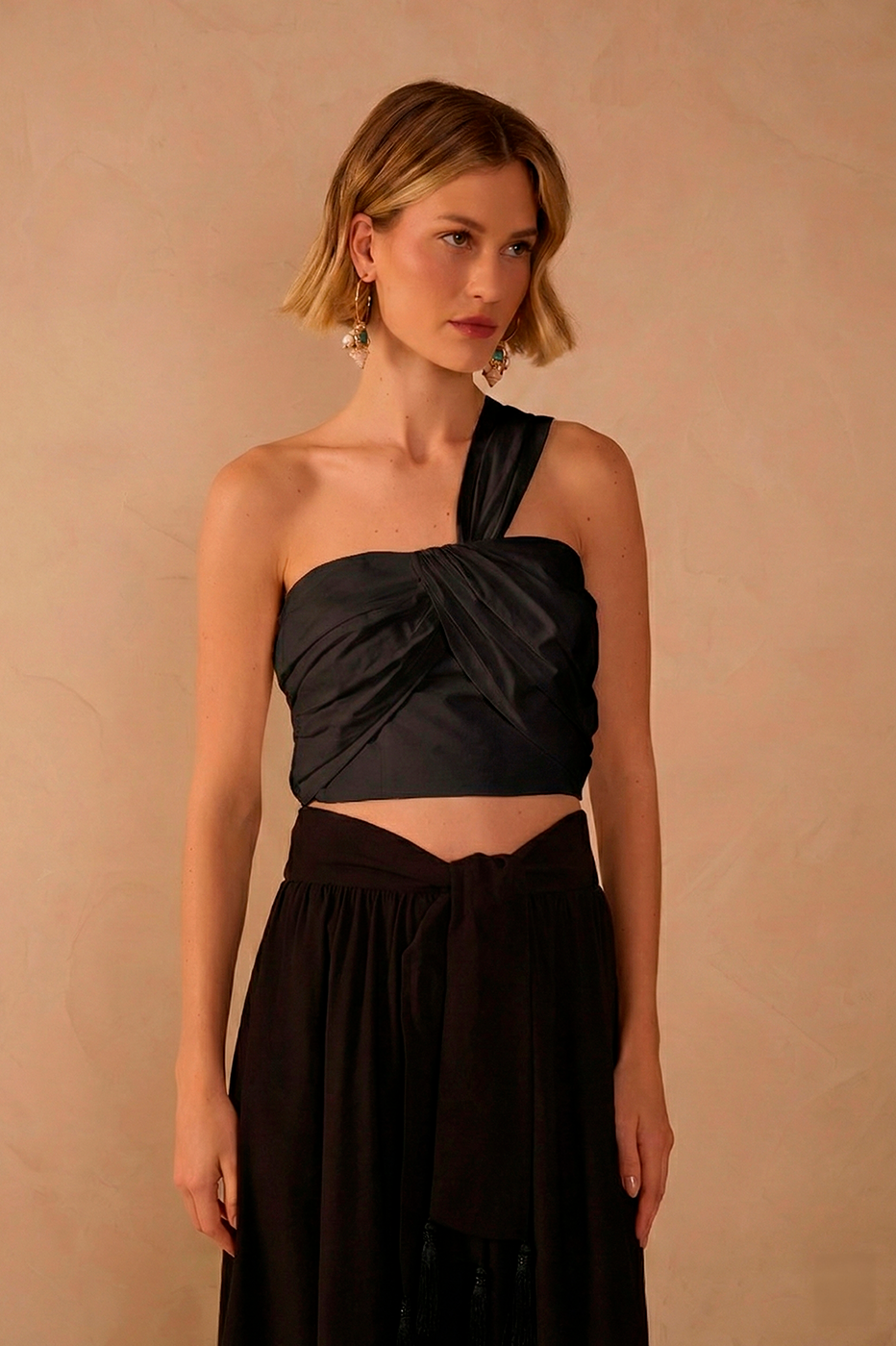 Black One-Shoulder Ruched Cotton Blouse