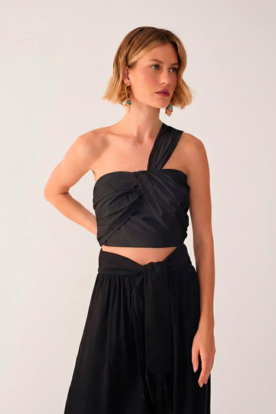 Black One-Shoulder Ruched Cotton Blouse
