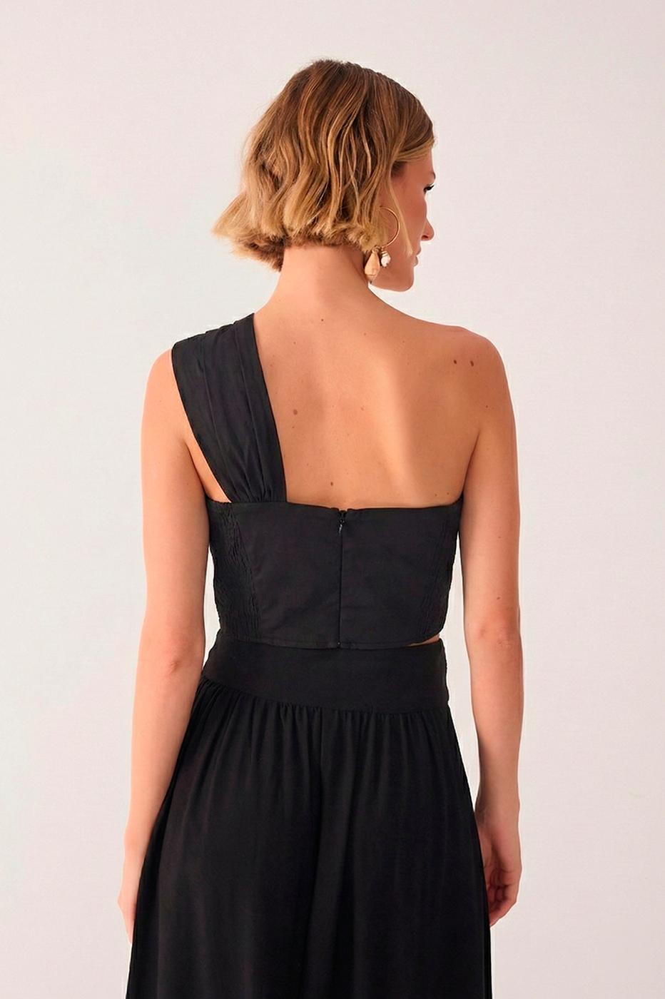 Black One-Shoulder Ruched Cotton Blouse