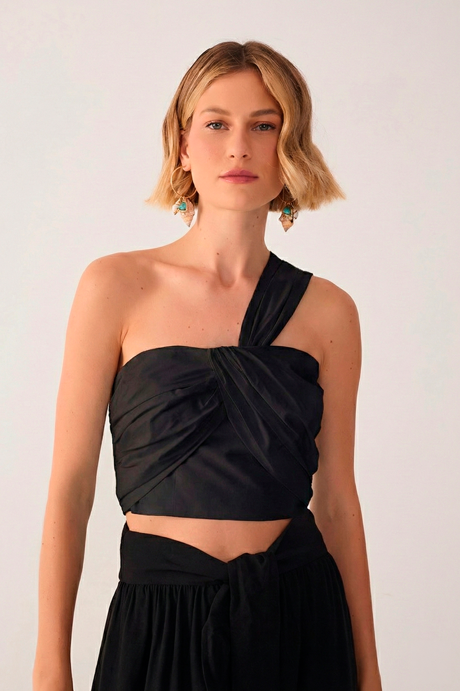 Black One-Shoulder Ruched Cotton Blouse
