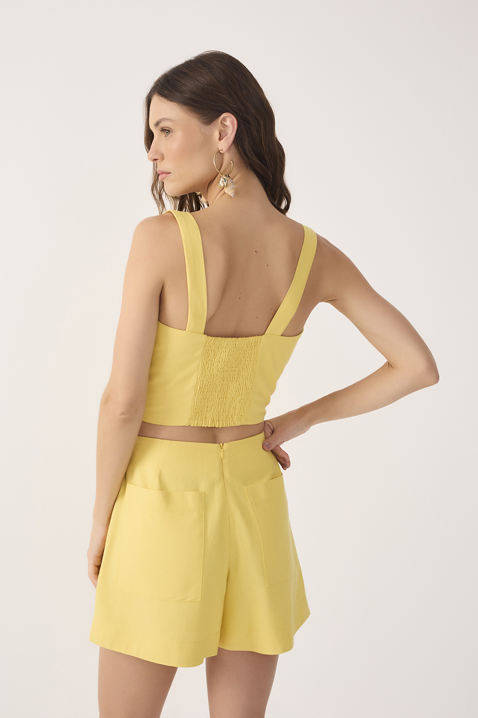 Yellow Sweetheart Neck Smocked Back Linen Top