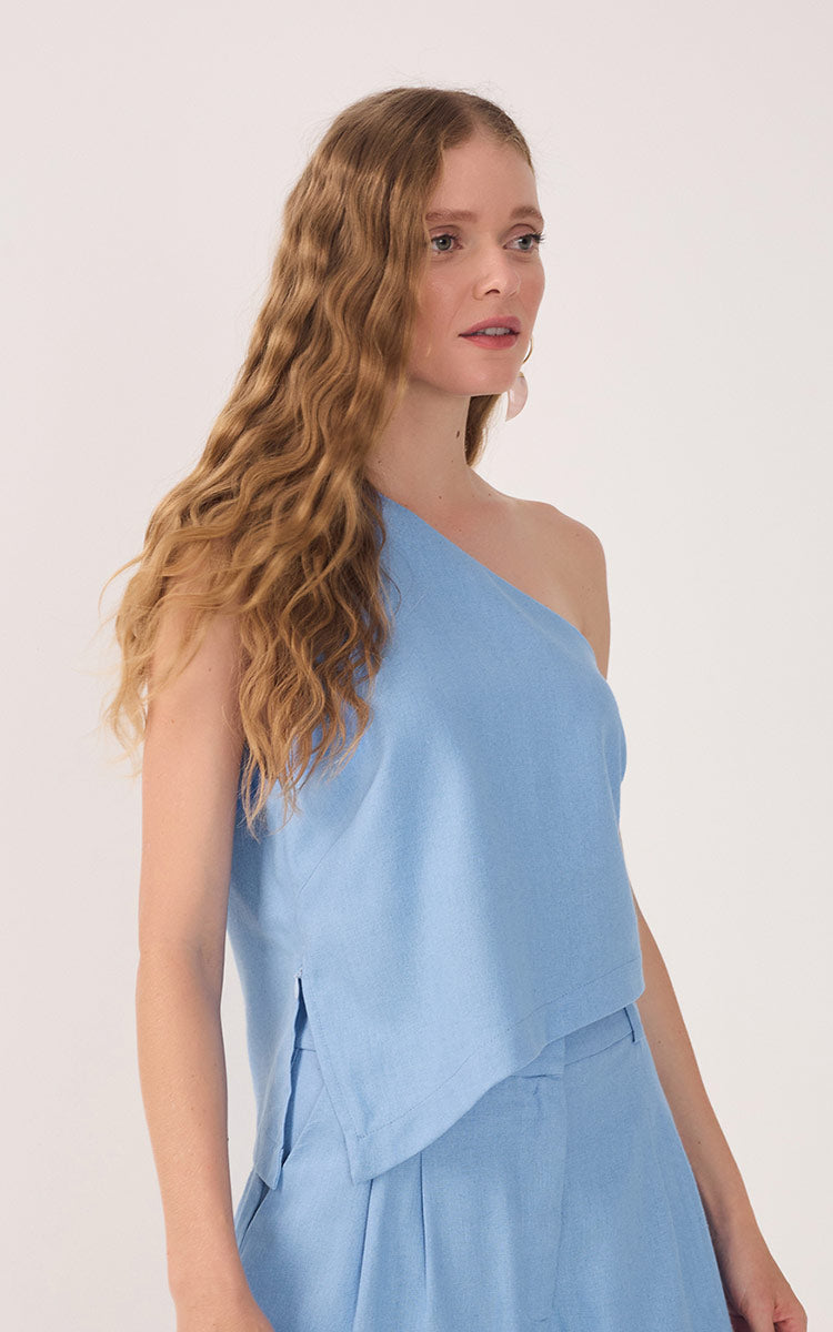 Blue One-Shoulder Asymmetric Linen Blouse
