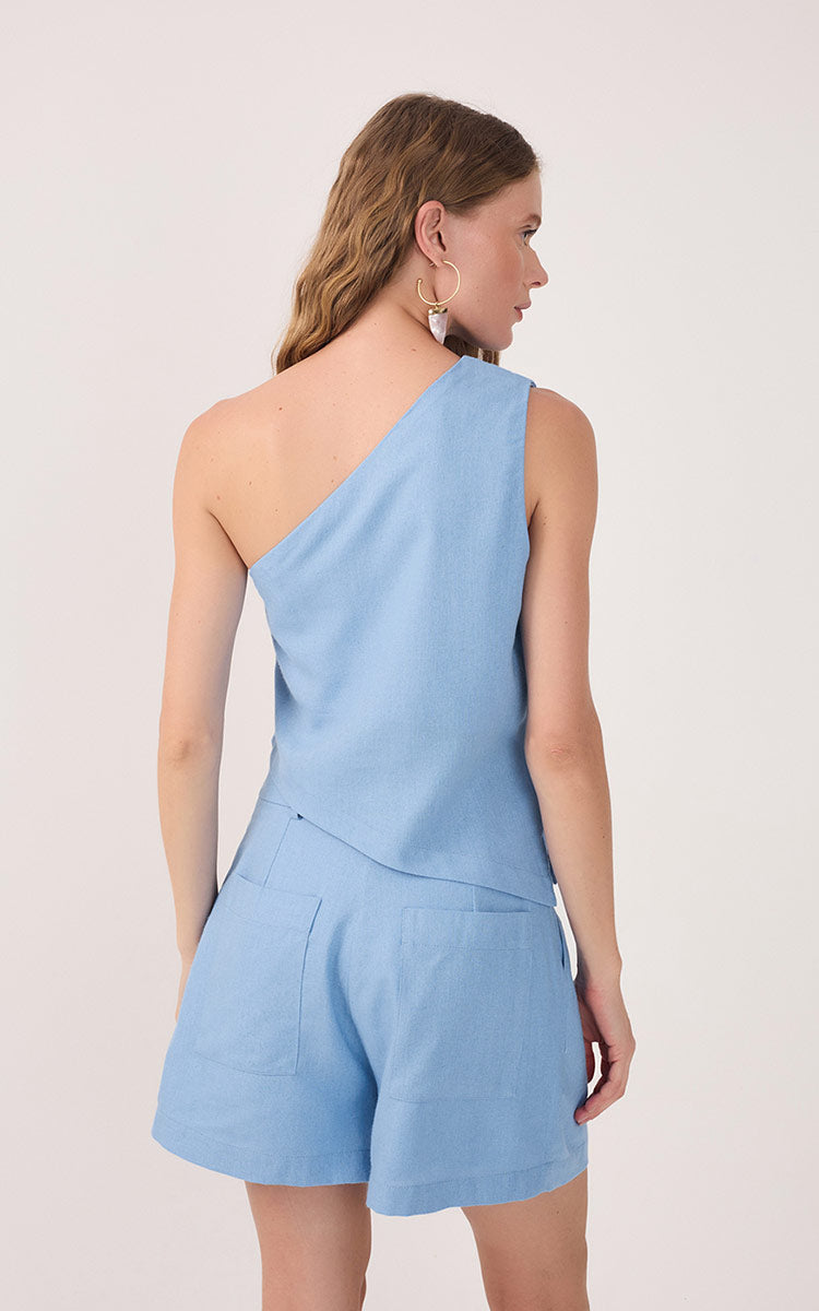 Blue One-Shoulder Asymmetric Linen Blouse