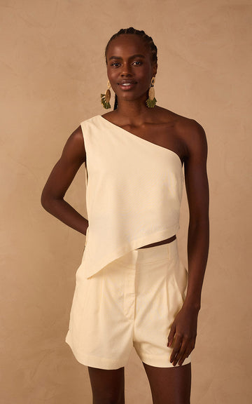 Beige One-Shoulder Asymmetric Blouse