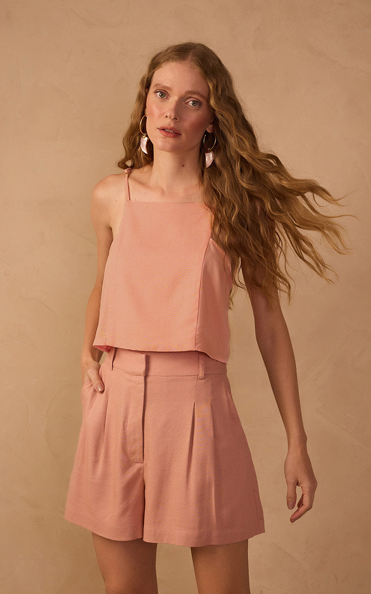 Pink Square Neck Sleeveless Linen Blouse