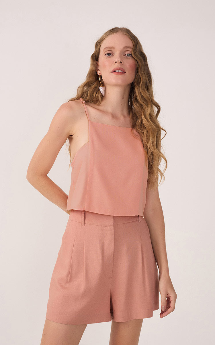 Pink Square Neck Sleeveless Linen Blouse