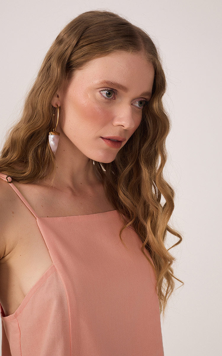 Pink Square Neck Sleeveless Linen Blouse