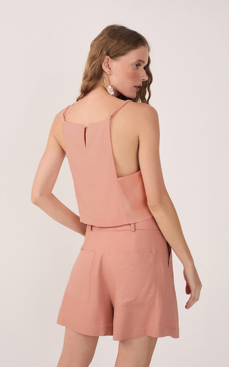 Pink Square Neck Sleeveless Linen Blouse