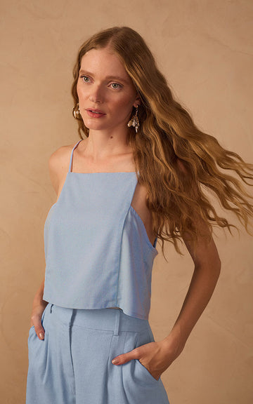 Blue Square Neck Sleeveless Linen Blouse