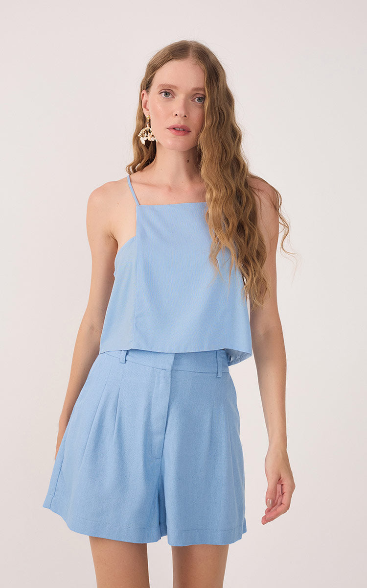 Blue Square Neck Sleeveless Linen Blouse