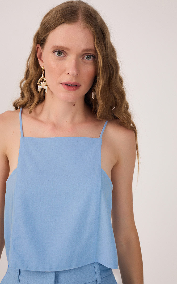 Blue Square Neck Sleeveless Linen Blouse