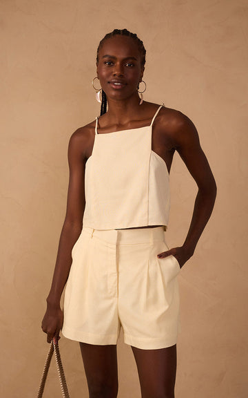 Beige Square Neck Sleeveless Linen Blouse