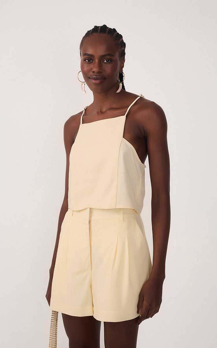 Beige Square Neck Sleeveless Linen Blouse