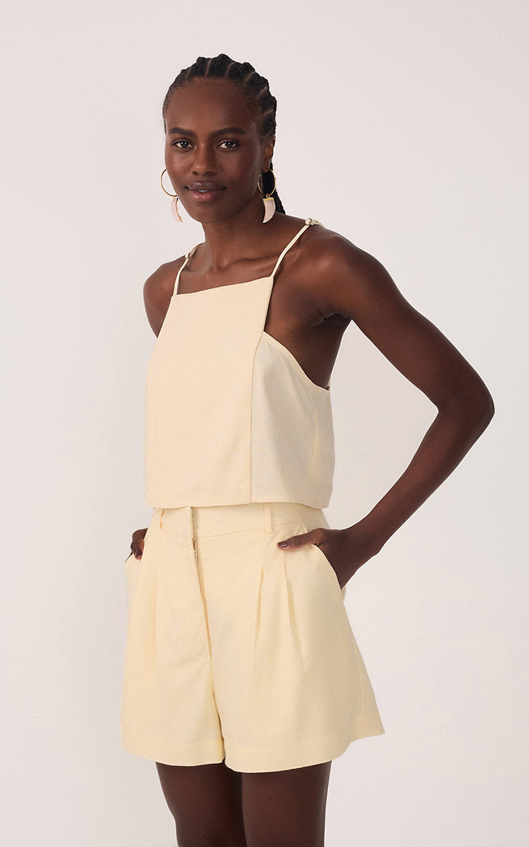 Beige Square Neck Sleeveless Linen Blouse