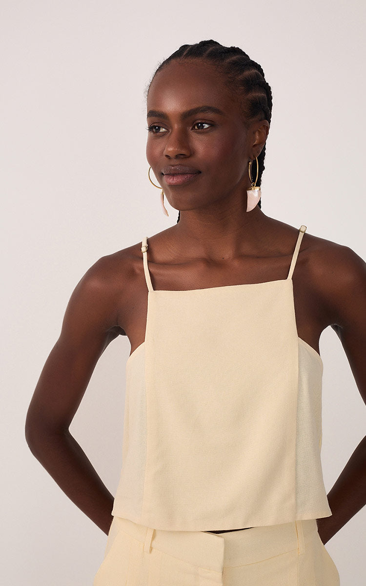 Beige Square Neck Sleeveless Linen Blouse