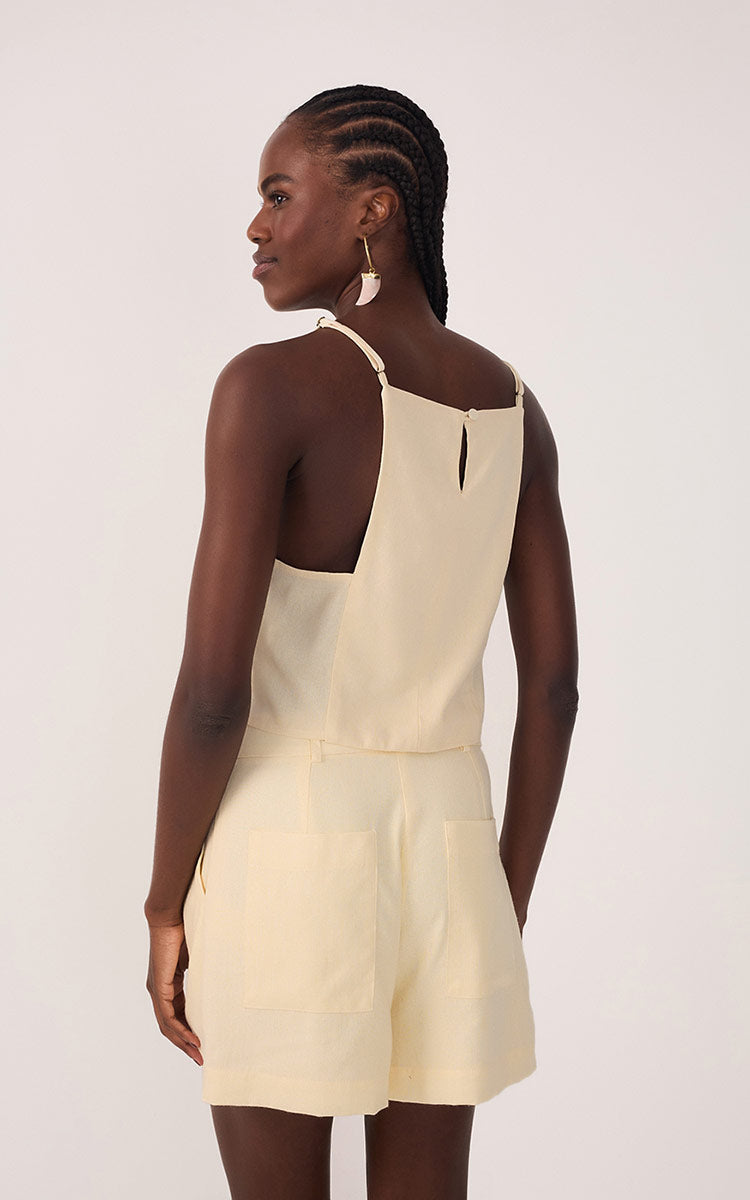 Beige Square Neck Sleeveless Linen Blouse