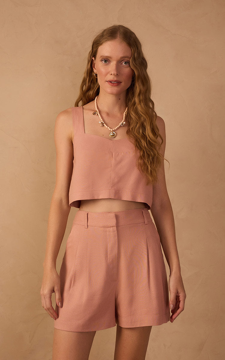 Pink V Neck Sleeveless Linen Blouse