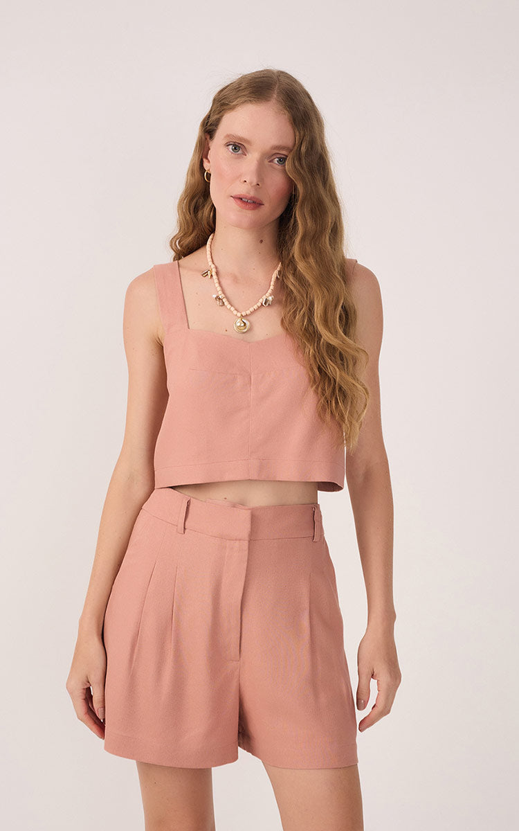 Pink V Neck Sleeveless Linen Blouse