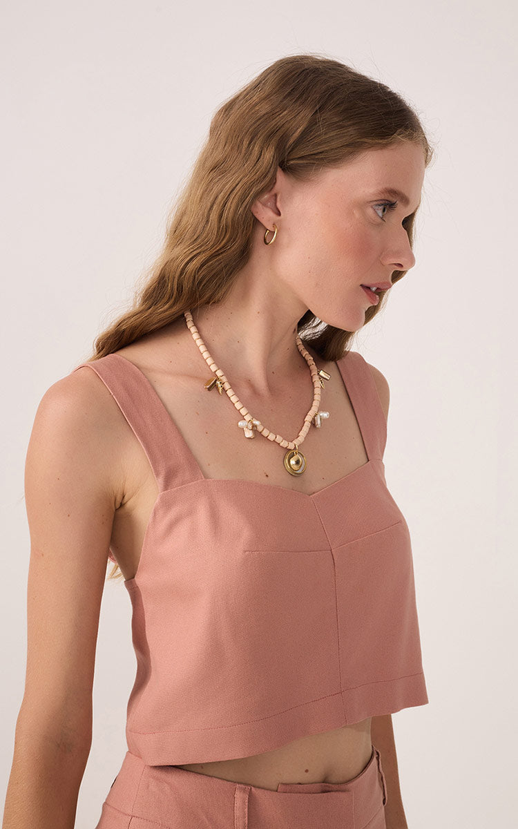 Pink V Neck Sleeveless Linen Blouse