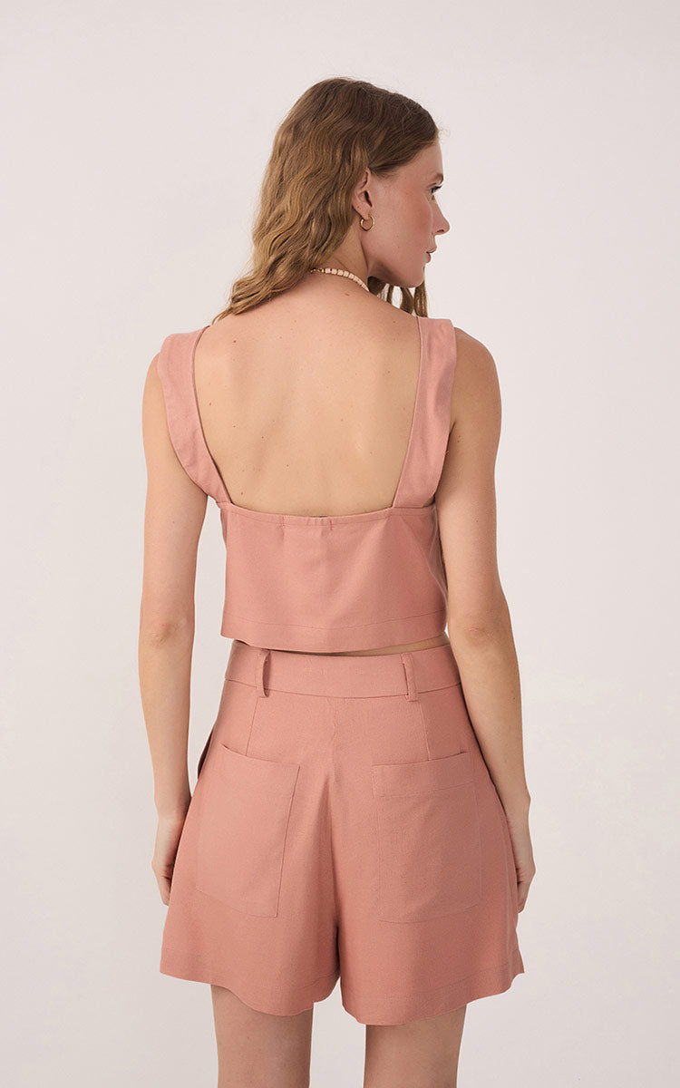 Pink V Neck Sleeveless Linen Blouse