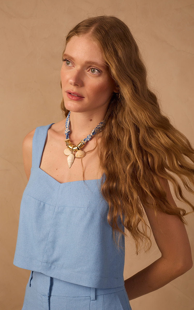 Blue V Neck Sleeveless Linen Blouse