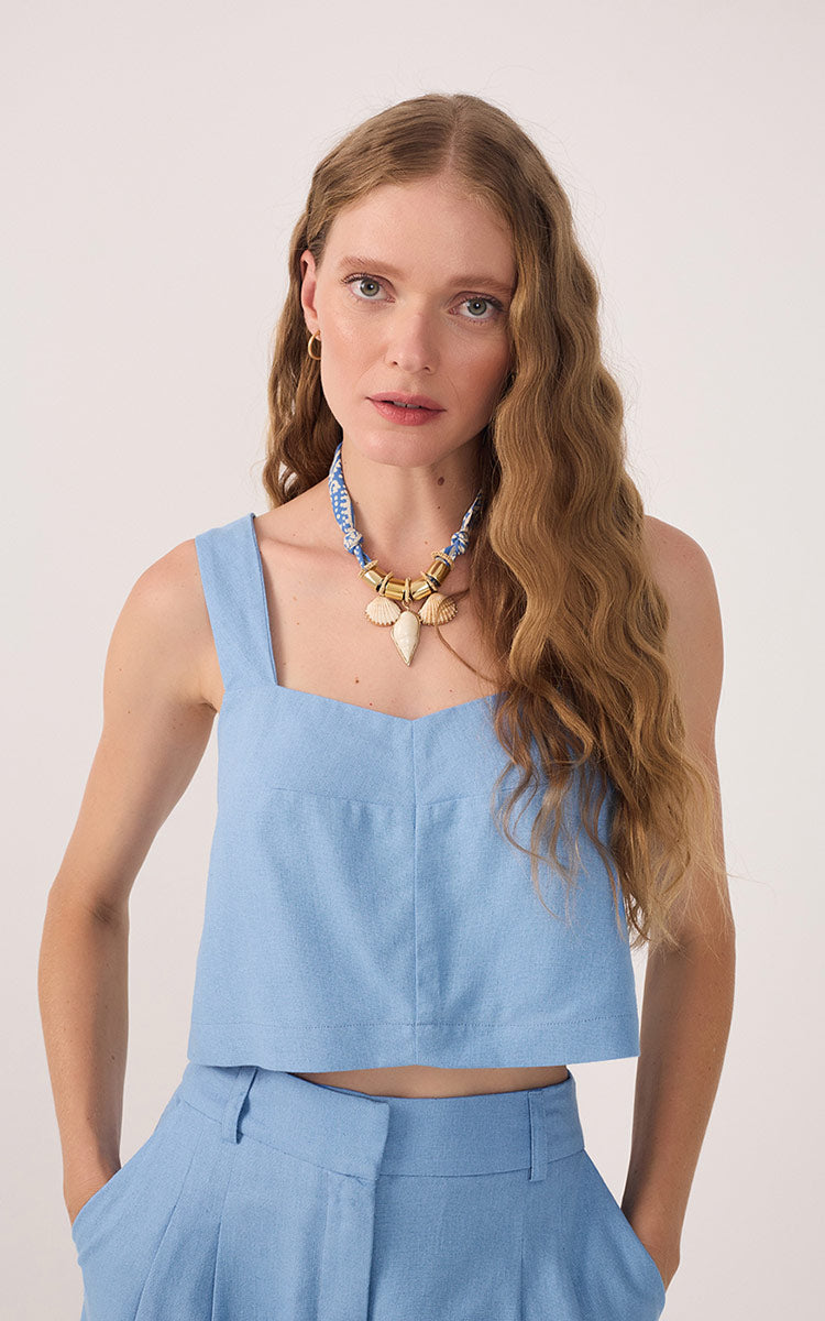 Blue V Neck Sleeveless Linen Blouse