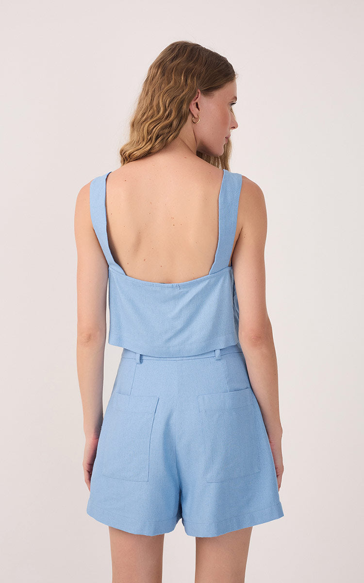 Blue V Neck Sleeveless Linen Blouse