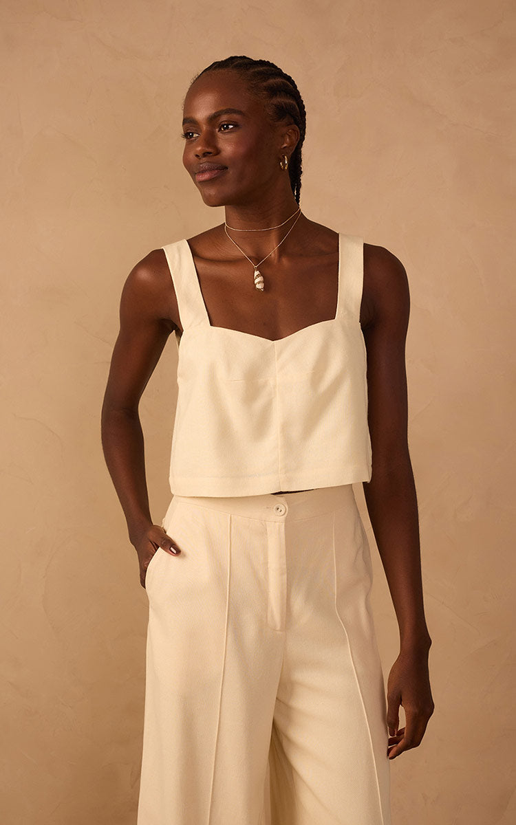 Beige V Neck Sleeveless Linen Blouse