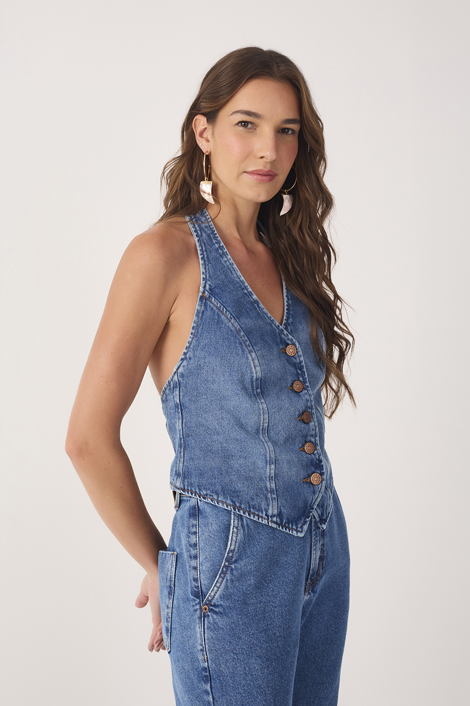 Denim V Neck Buttoned Vest Blouse