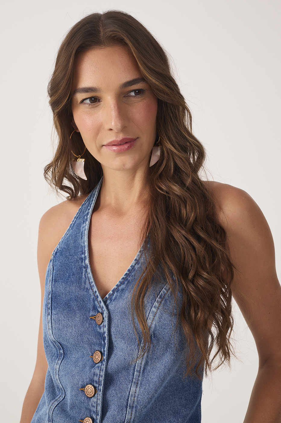 Denim V Neck Buttoned Vest Blouse