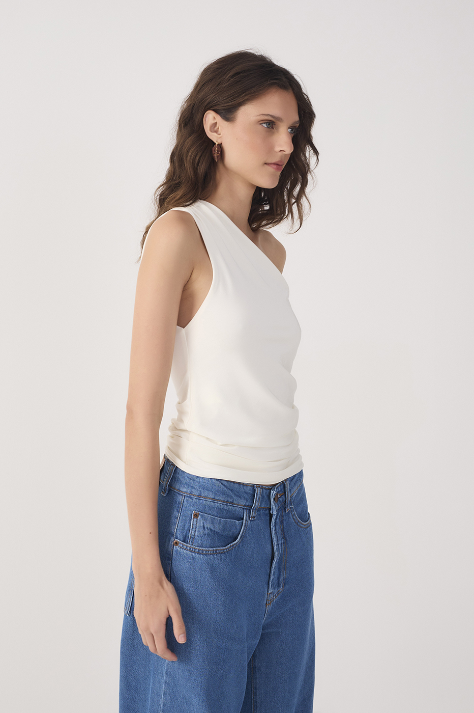 Ruched One-Shoulder Jersey Blouse