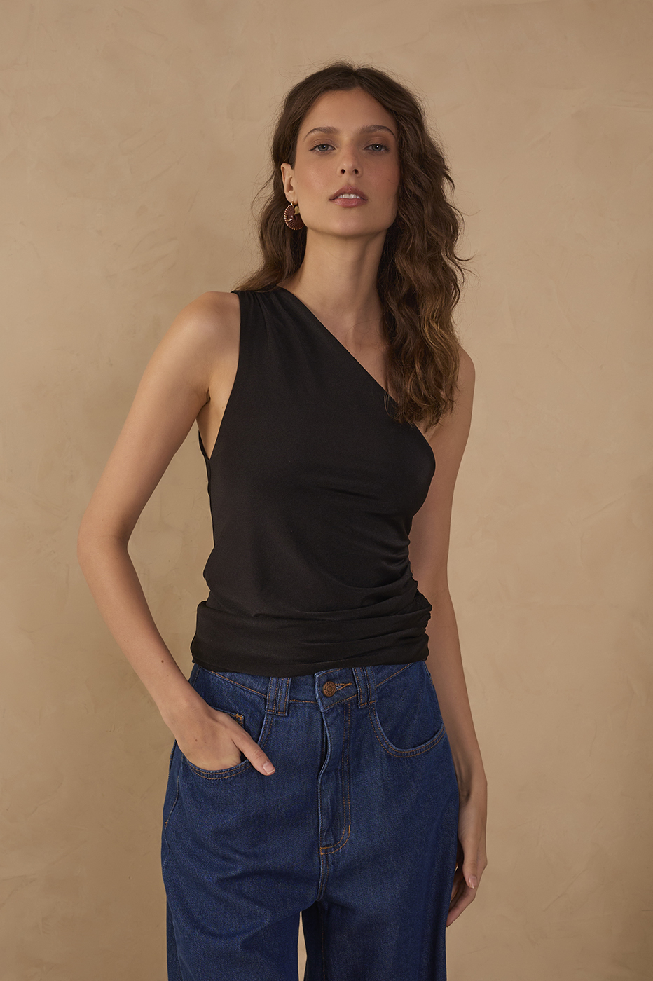 Ruched One-Shoulder Jersey Blouse