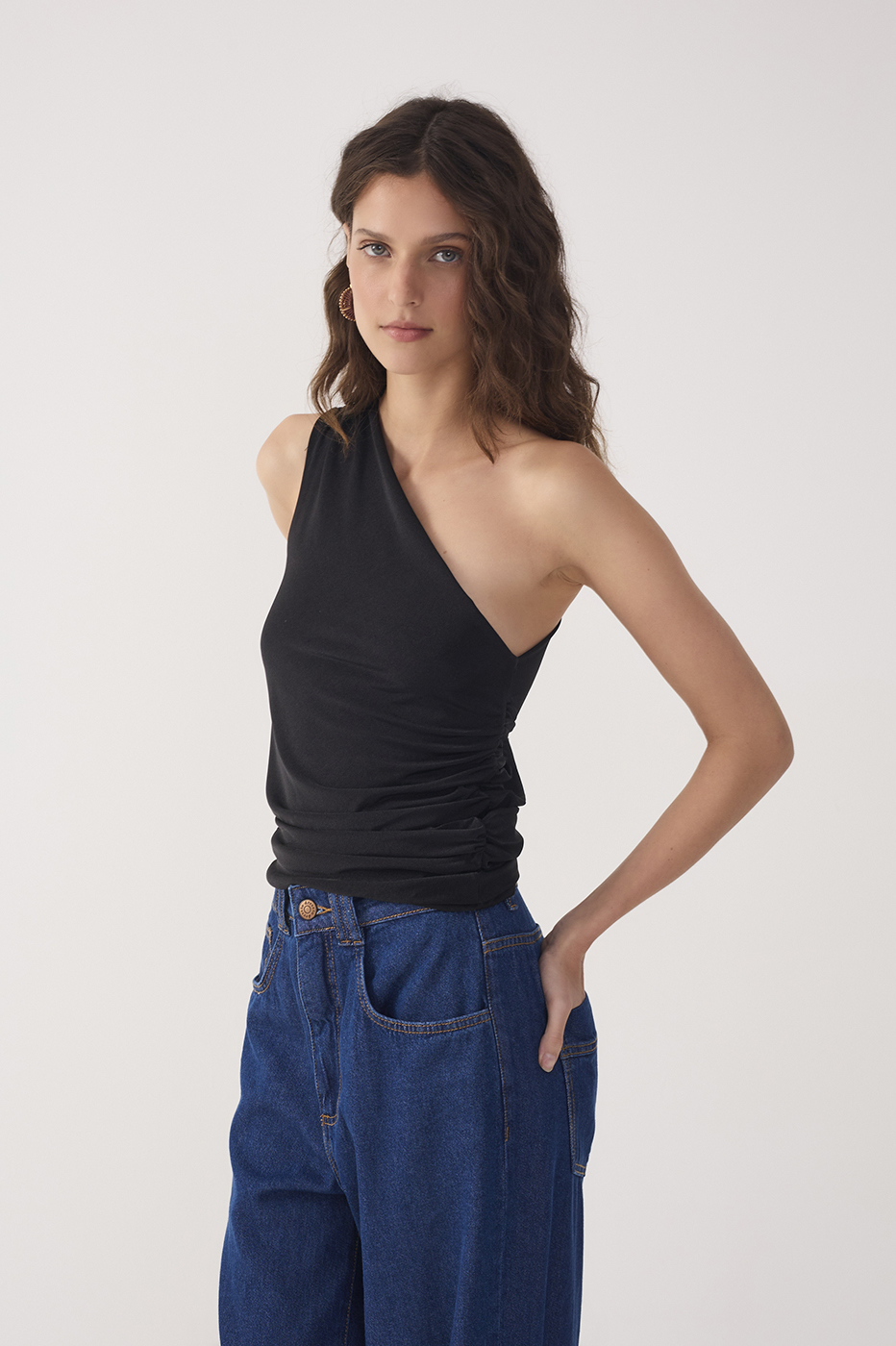 Ruched One-Shoulder Jersey Blouse