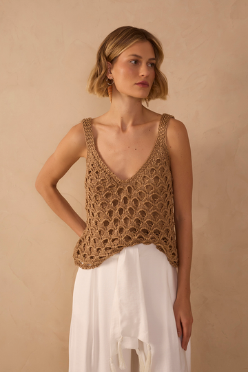 Golden V Neck Sleeveless Lurex Knit Top