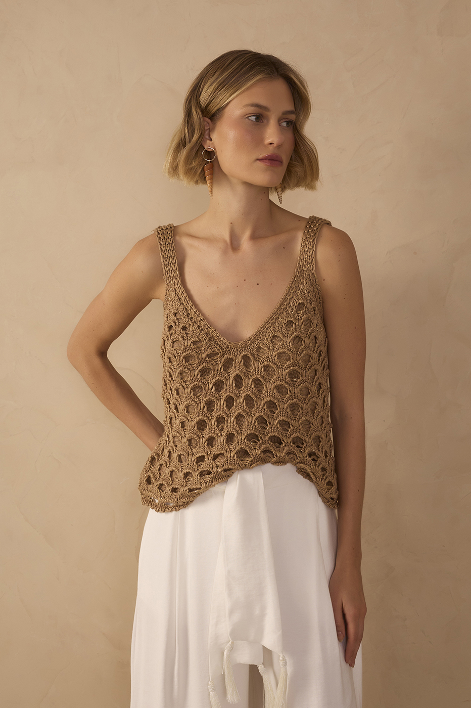 Golden V Neck Sleeveless Lurex Knit Top