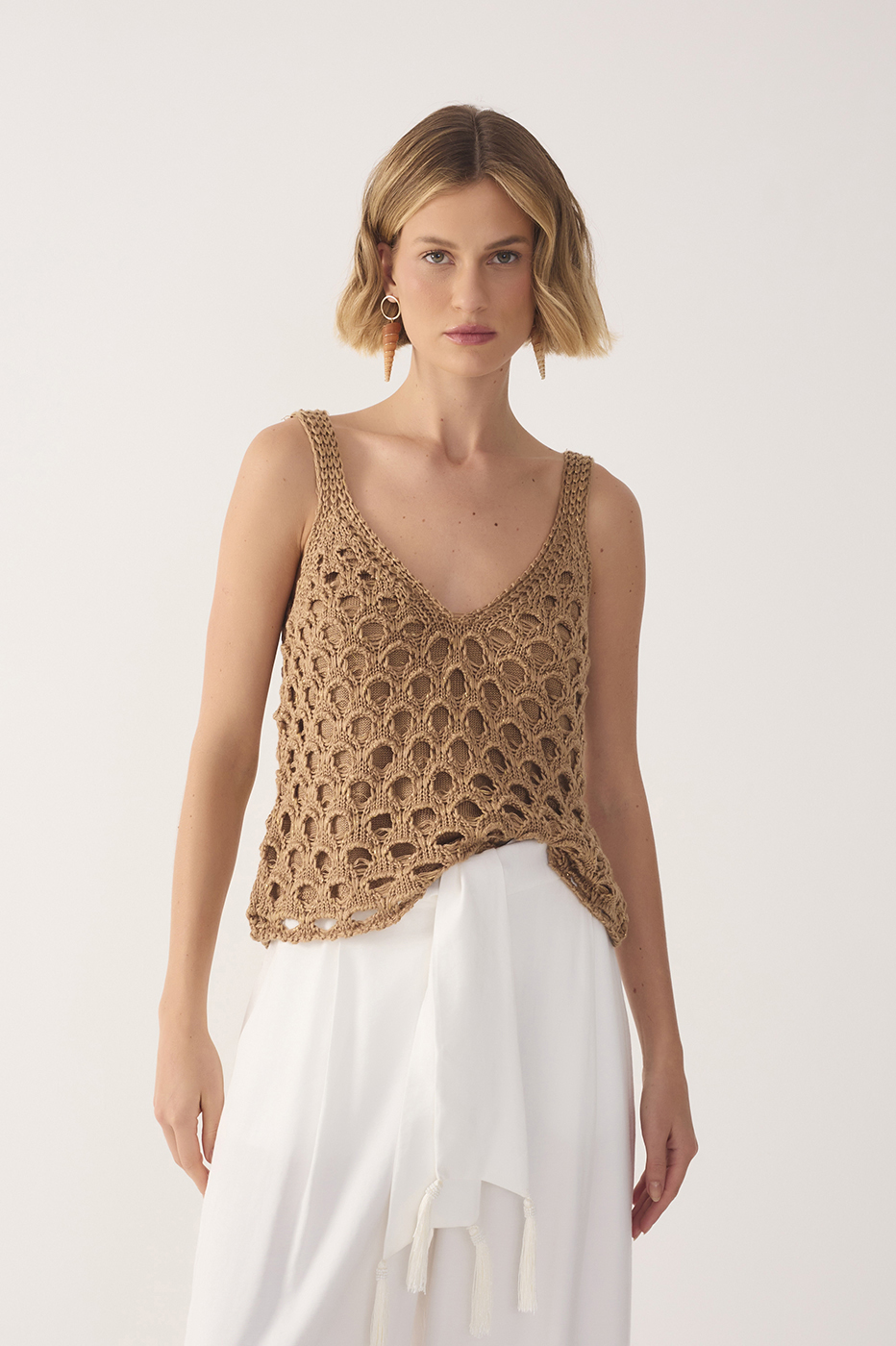 Golden V Neck Sleeveless Lurex Knit Top