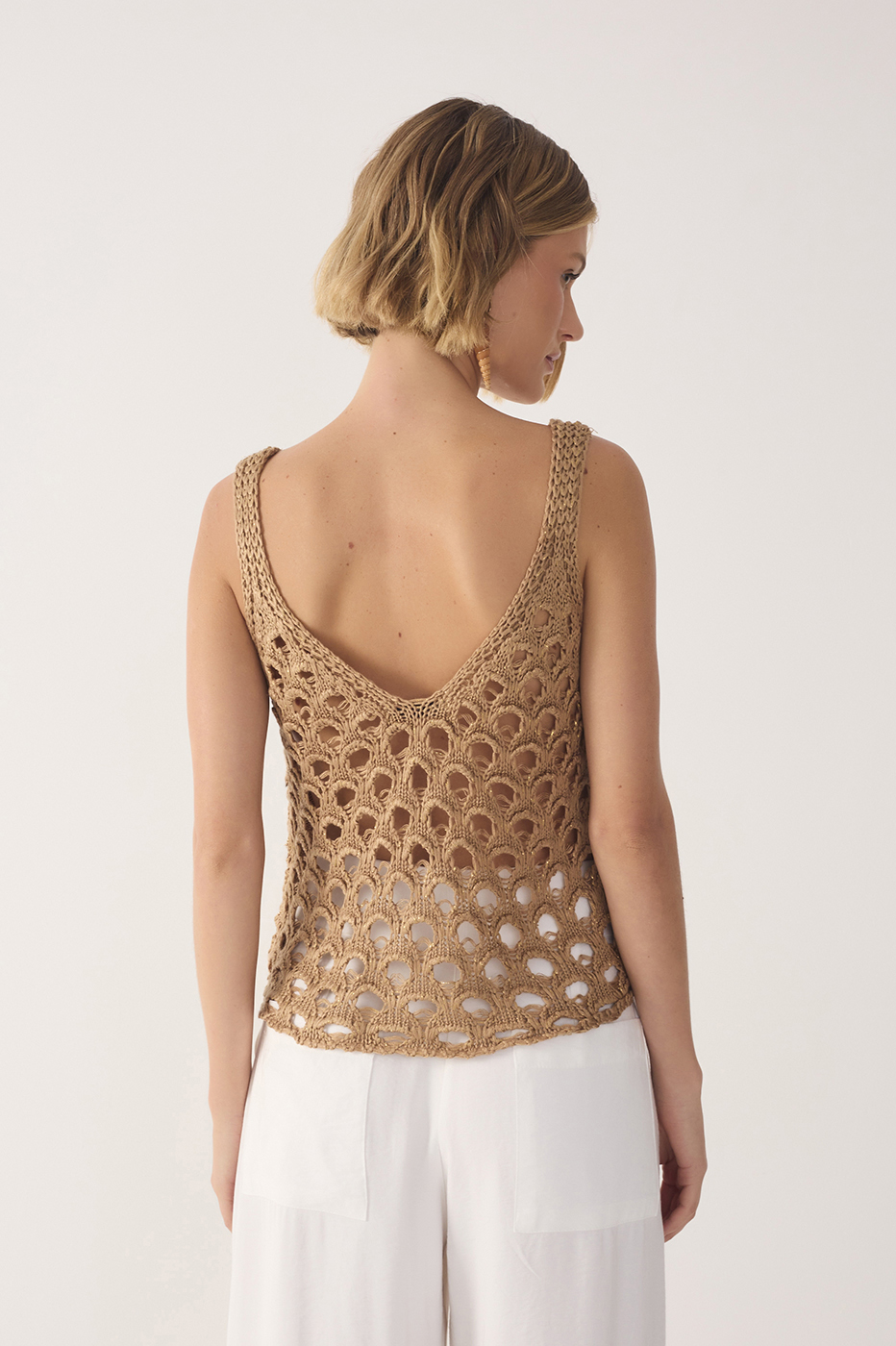 Golden V Neck Sleeveless Lurex Knit Top