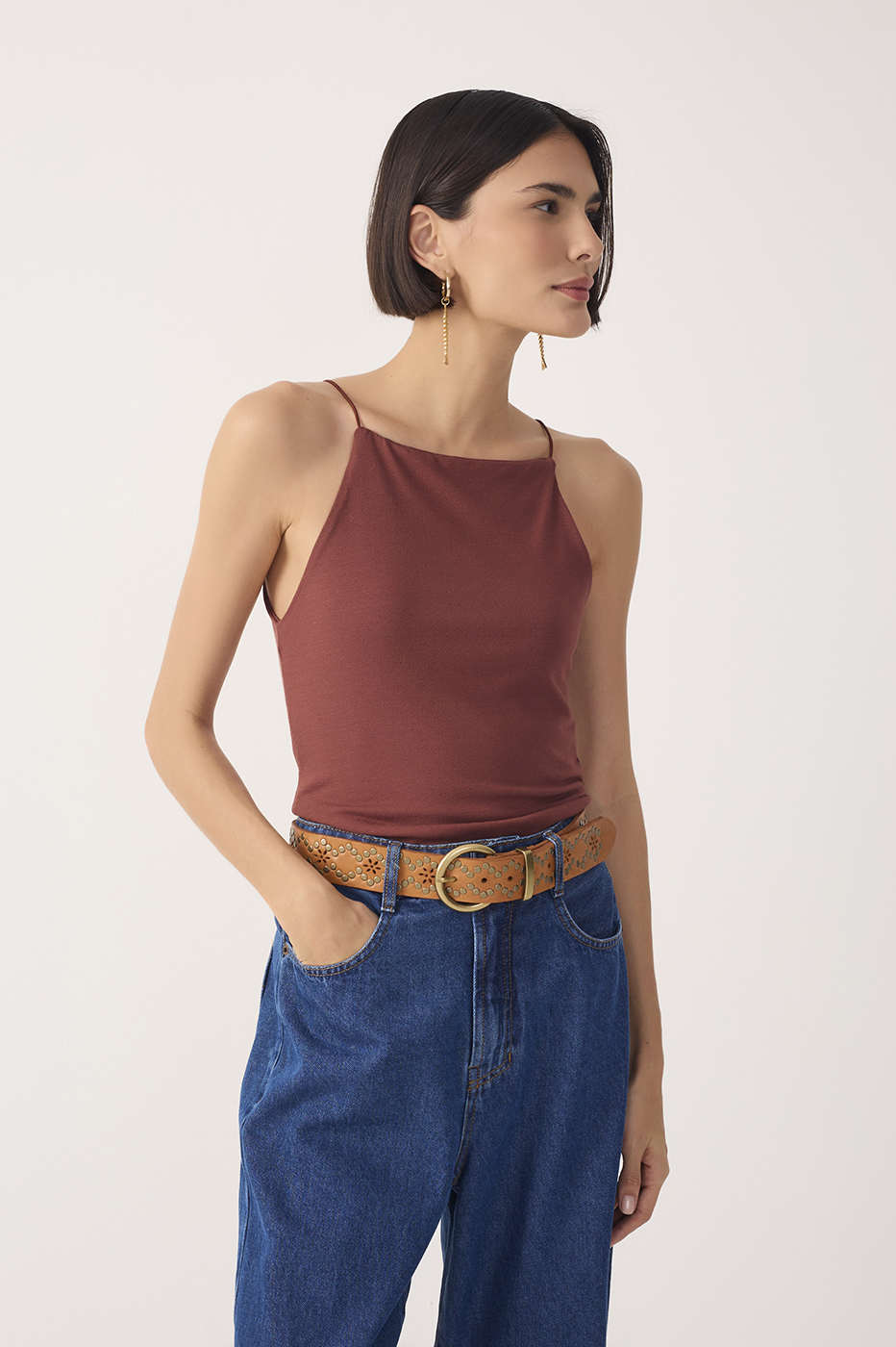 Brown Square-Neck Blouse