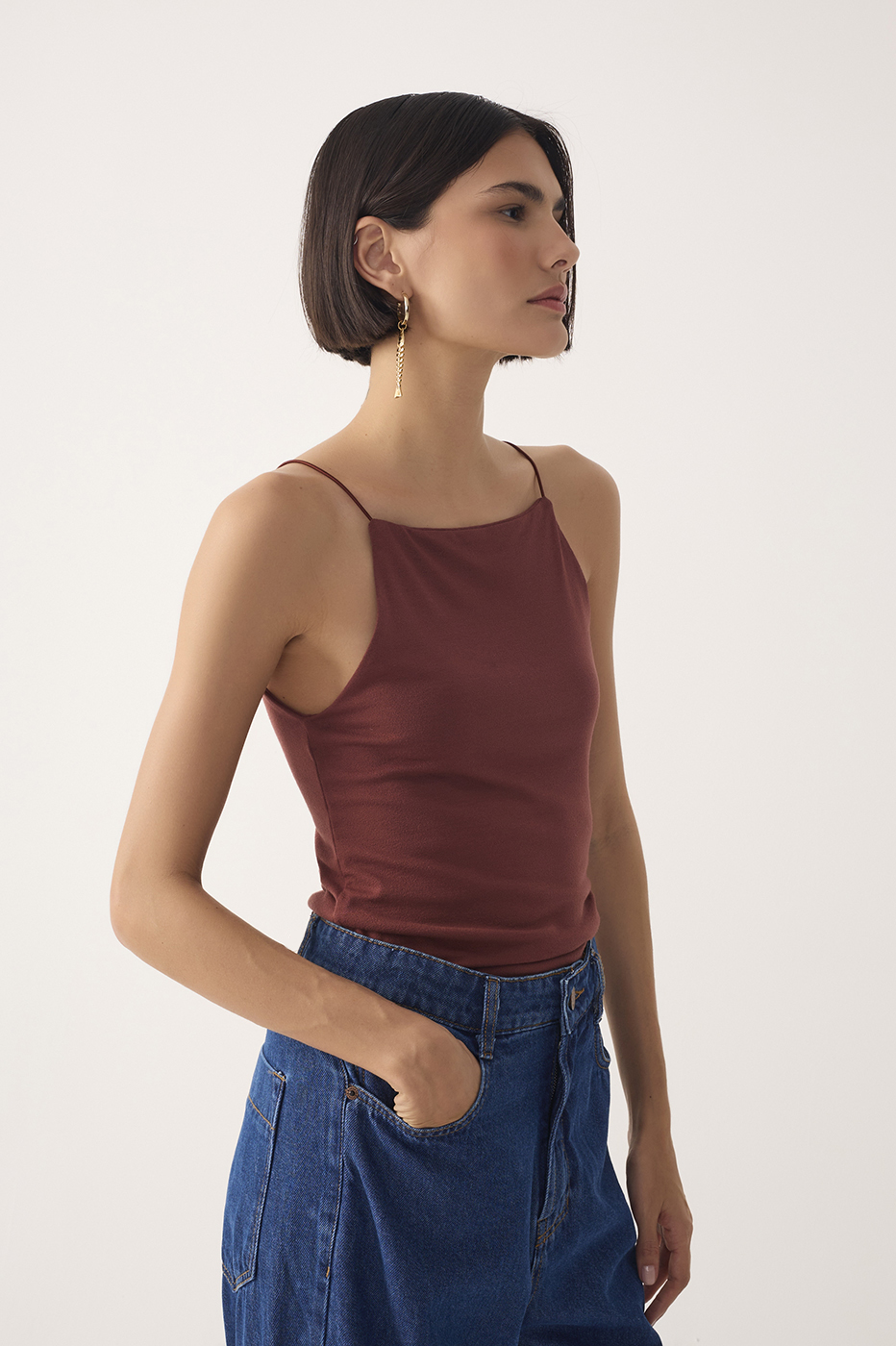 Brown Square-Neck Blouse