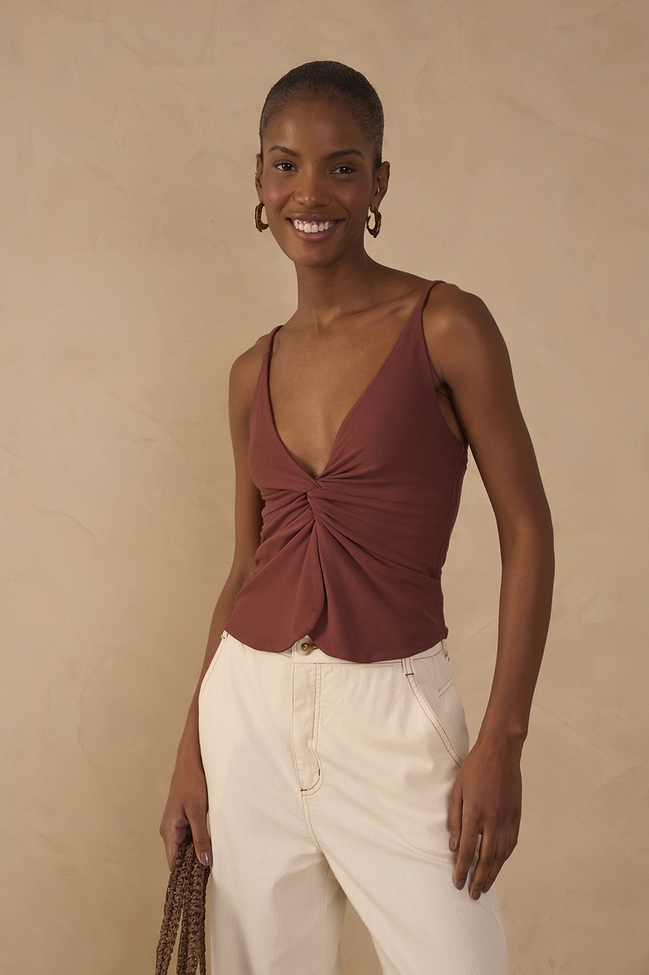 Brown Twisted Front Crepe Blouse