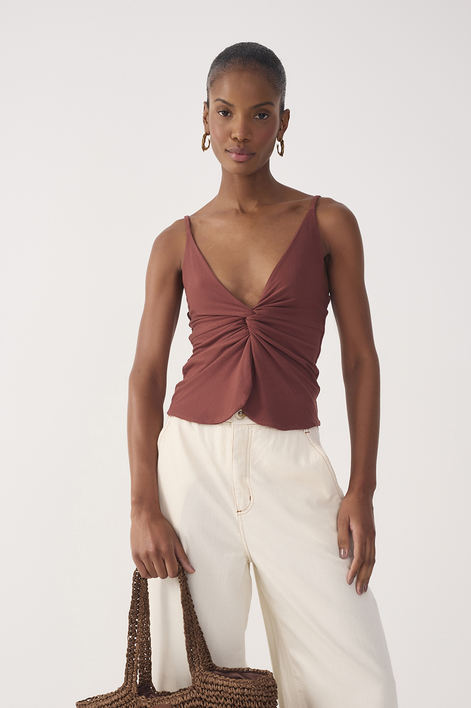 Brown Twisted Front Crepe Blouse