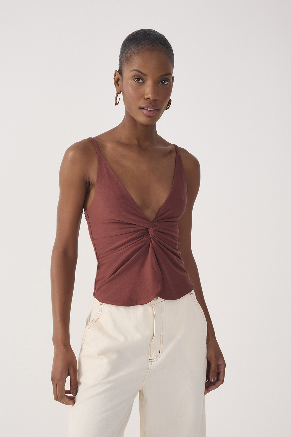Brown Twisted Front Crepe Blouse