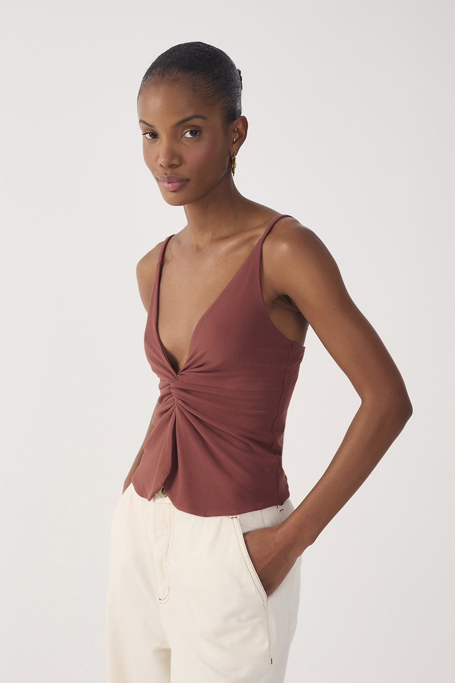 Brown Twisted Front Crepe Blouse