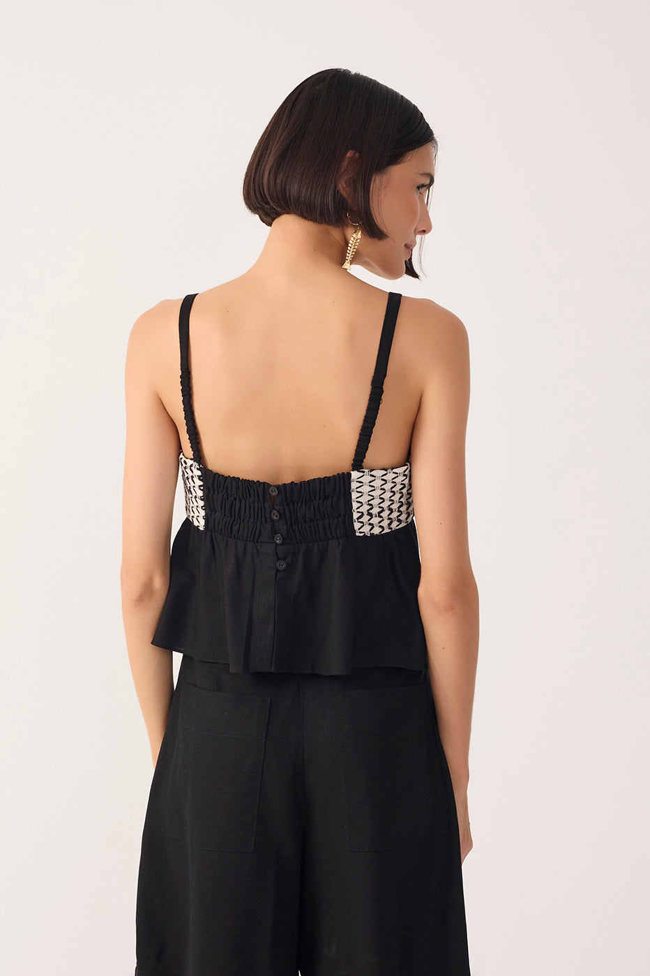 Black Ruched Linen Blouse
