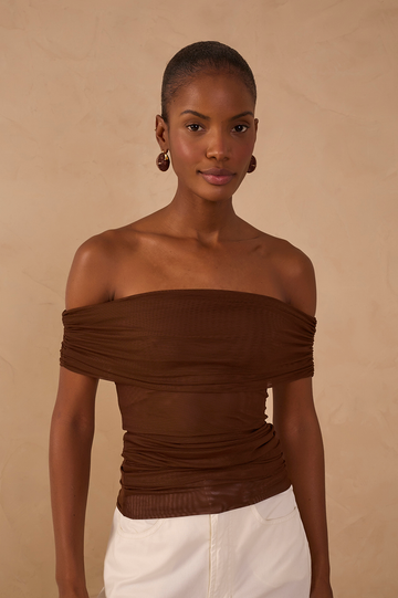 Brown Ruched Tulle Blouse
