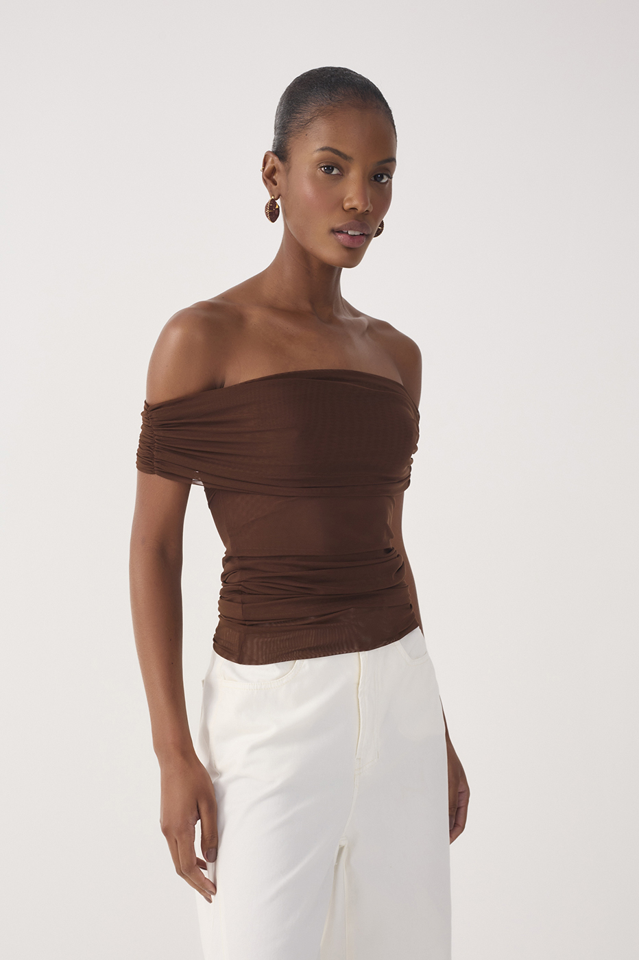Brown Ruched Tulle Blouse